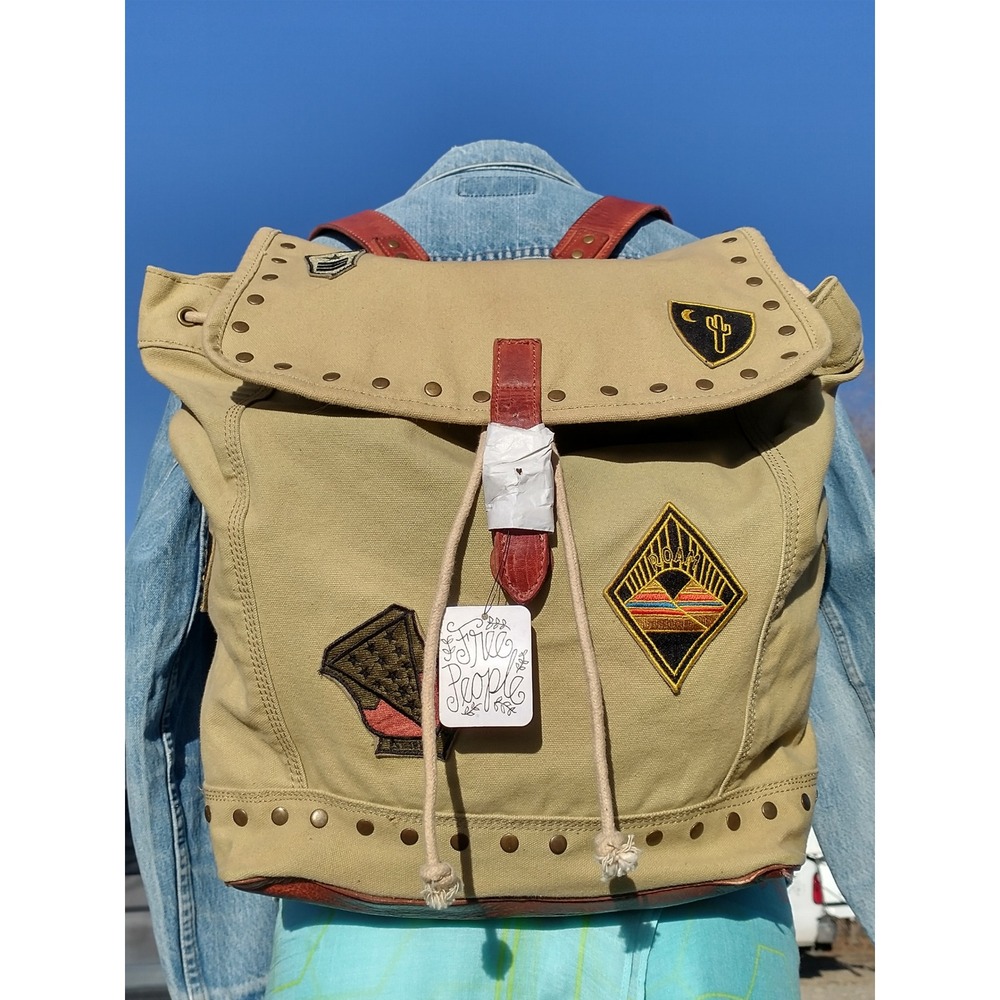 NWT Free People Canvas Patch Backpack Khaki Casual Travel Adventure Boho